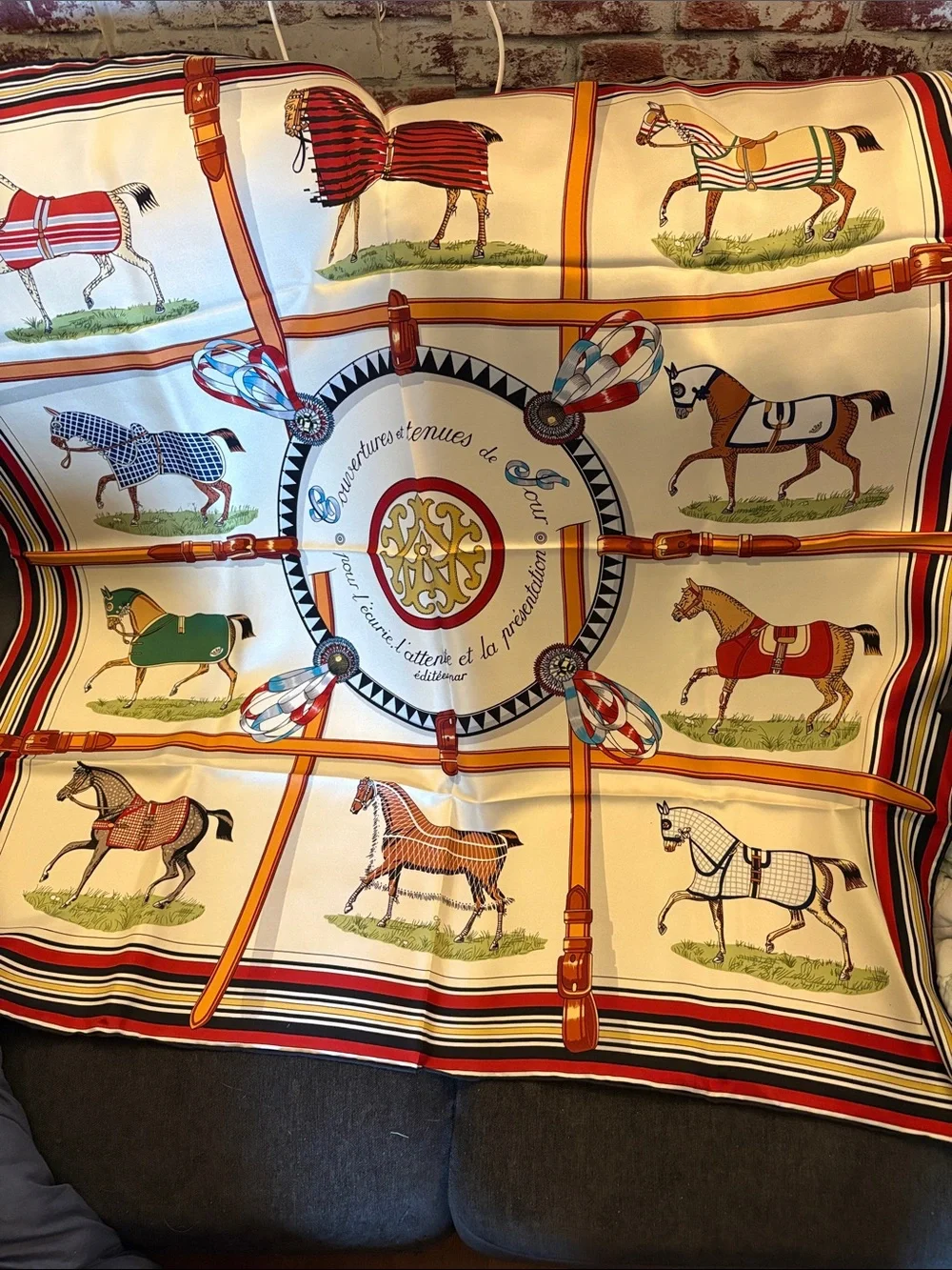 Luxury Equestrian Print Silk Scarf in Cream, Red, Green, Blue